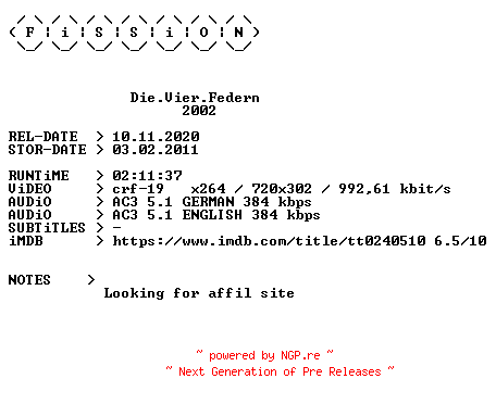 NFO for the release Die.Vier.Federn.German.2002.DL.BDRiP.x264.iNTERNAL-FiSSiON by FiSSiON