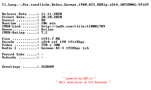 NFO for the release Ti.Lung.-.Die.toedliche.Kobra.German.1980.AC3.BDRip.x264.iNTERNAL-SPiCY by SPiCY
