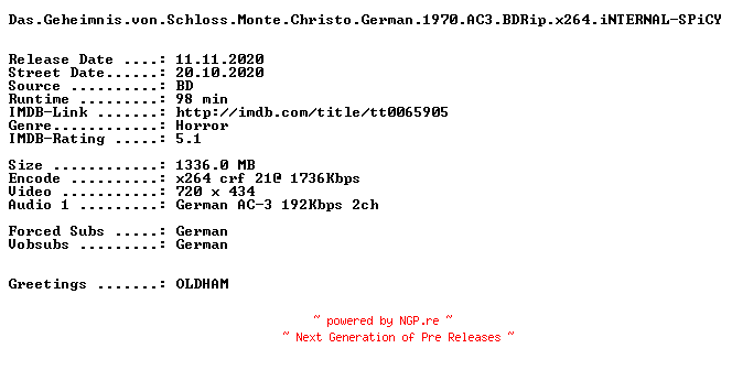 NFO for the release Das.Geheimnis.von.Schloss.Monte.Christo.German.1970.AC3.BDRip.x264.iNTERNAL-SPiCY by SPiCY