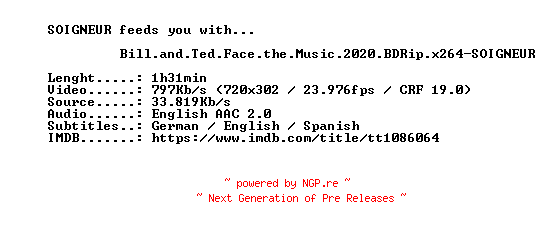 NFO for the release Bill.and.Ted.Face.the.Music.2020.BDRip.x264-SOIGNEUR by SOIGNEUR