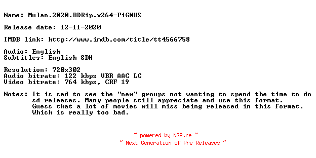 NFO for the release Mulan.2020.BDRip.x264-PiGNUS by PiGNUS