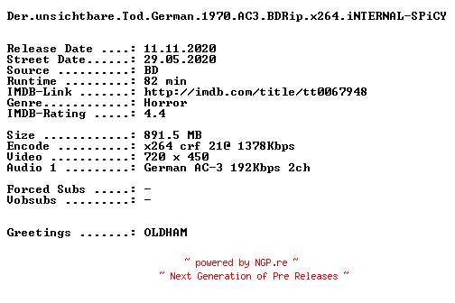 NFO for the release Der.unsichtbare.Tod.German.1970.AC3.BDRip.x264.iNTERNAL-SPiCY by SPiCY