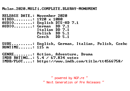 NFO for the release Mulan.2020.MULTi.COMPLETE.BLURAY.NFOFiX-MONUMENT by MONUMENT
