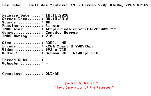 NFO for the release Der.Rabe.-.Duell.der.Zauberer.1935.German.720p.BluRay.x264.DiRFiX.NFOFiX-SPiCY by SPiCY