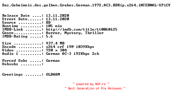 NFO for the release Das.Geheimnis.des.gelben.Grabes.German.1972.AC3.BDRip.x264.iNTERNAL-SPiCY by SPiCY