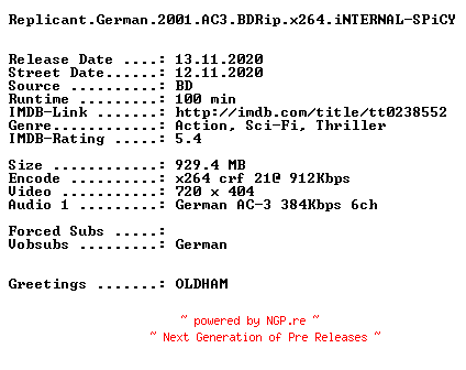 NFO for the release Replicant.German.2001.AC3.BDRip.x264.iNTERNAL-SPiCY by SPiCY