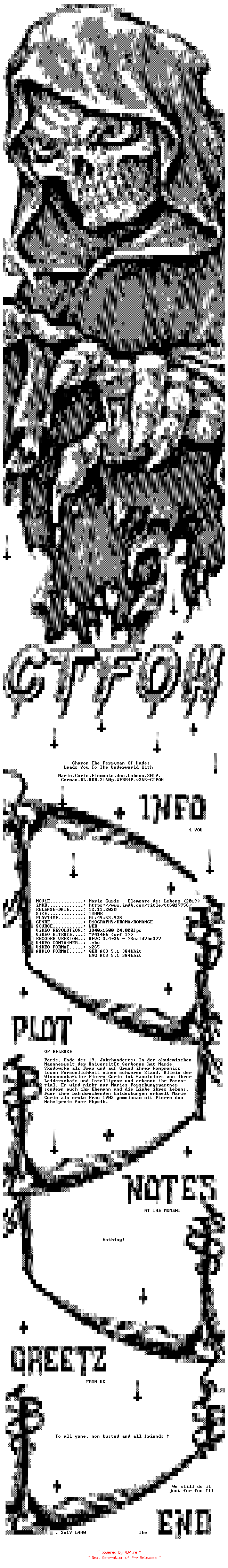 NFO for the release Marie.Curie.Elemente.des.Lebens.2019.German.DL.HDR.2160p.WEBRiP.x265-CTFOH by CTFOH