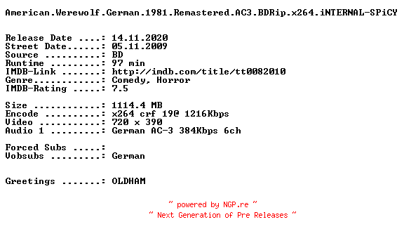 NFO for the release American.Werewolf.German.1981.Remastered.AC3.BDRip.x264.iNTERNAL-SPiCY by SPiCY