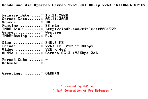 NFO for the release Hondo.und.die.Apachen.German.1967.AC3.BDRip.x264.iNTERNAL-SPiCY by SPiCY