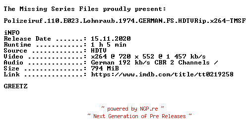 NFO for the release Polizeiruf.110.E023.Lohnraub.1974.GERMAN.FS.HDTVRip.x264-TMSF by TMSF