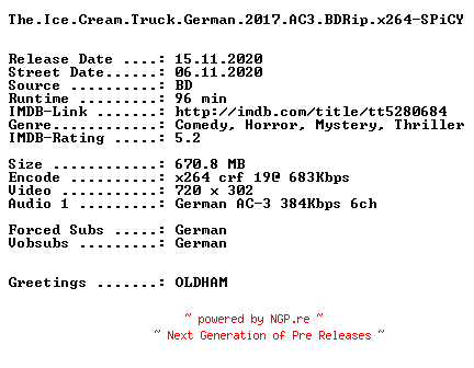 NFO for the release The.Ice.Cream.Truck.German.2017.AC3.BDRip.x264-SPiCY by SPiCY