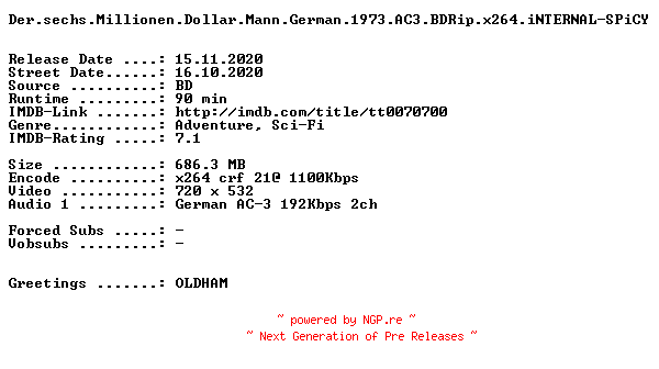 NFO for the release Der.sechs.Millionen.Dollar.Mann.German.1973.AC3.BDRip.x264.iNTERNAL-SPiCY by SPiCY