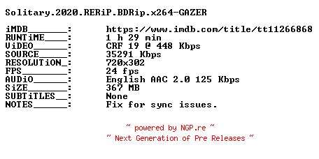 NFO for the release Solitary.2020.RERiP.BDRip.x264-GAZER by GAZER