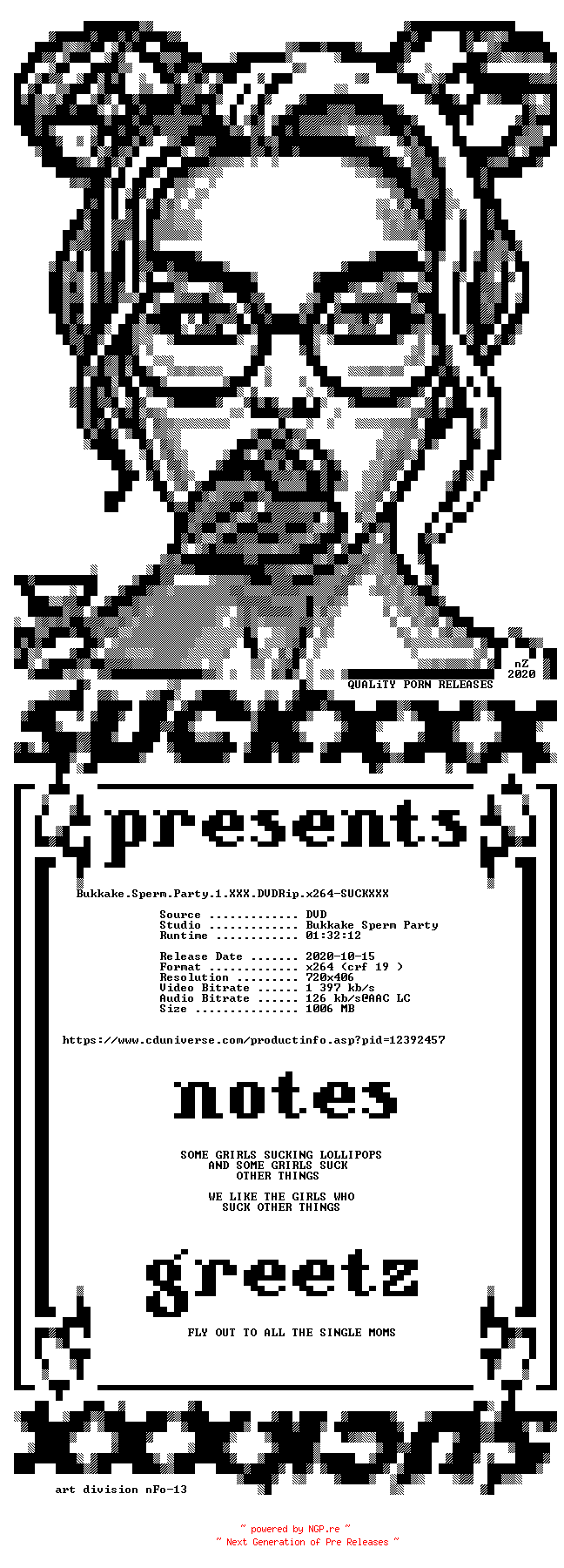 NFO for the release Bukkake.Sperm.Party.1.XXX.DVDRip.x264-SUCKXXX by SUCKXXX