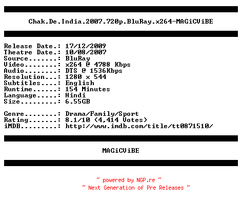 NFO for the release Chak.De.India.2007.720p.BluRay.x264-MAGiCViBE by MAGiCViBE