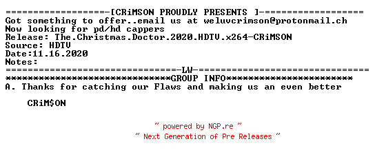 NFO for the release The.Christmas.Doctor.2020.HDTV.x264-CRiMSON by CRiMSON