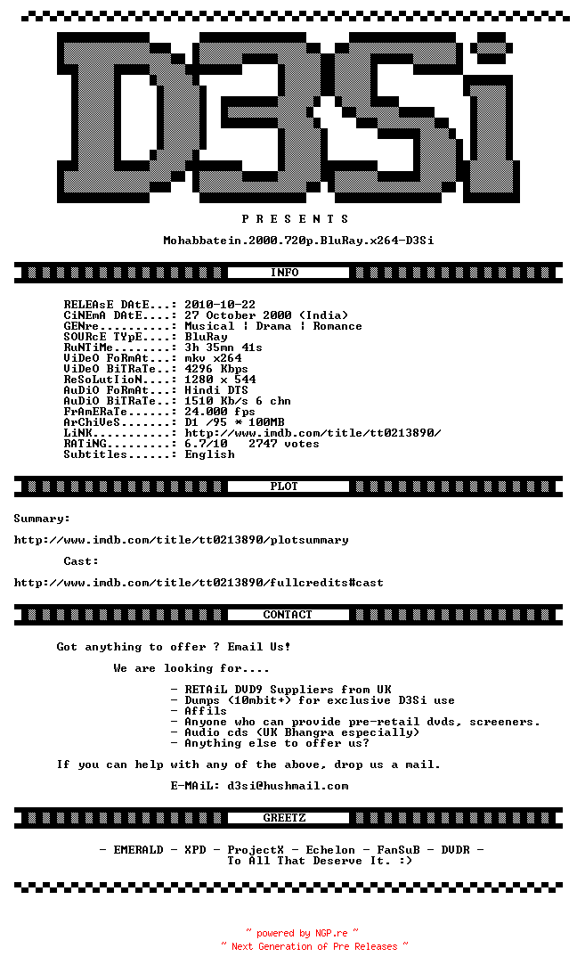 NFO for the release Mohabbatein.2000.720p.BluRay.x264-D3Si by D3Si