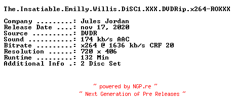 NFO for the release The.Insatiable.Emilly.Willis.DiSC1.XXX.DVDRip.x264-ROXXX by ROXXX