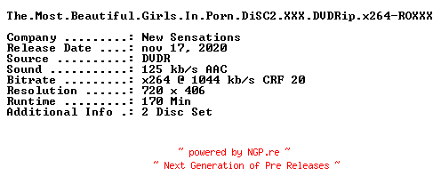 NFO for the release The.Most.Beautiful.Girls.In.Porn.DiSC2.XXX.DVDRip.x264-ROXXX by ROXXX