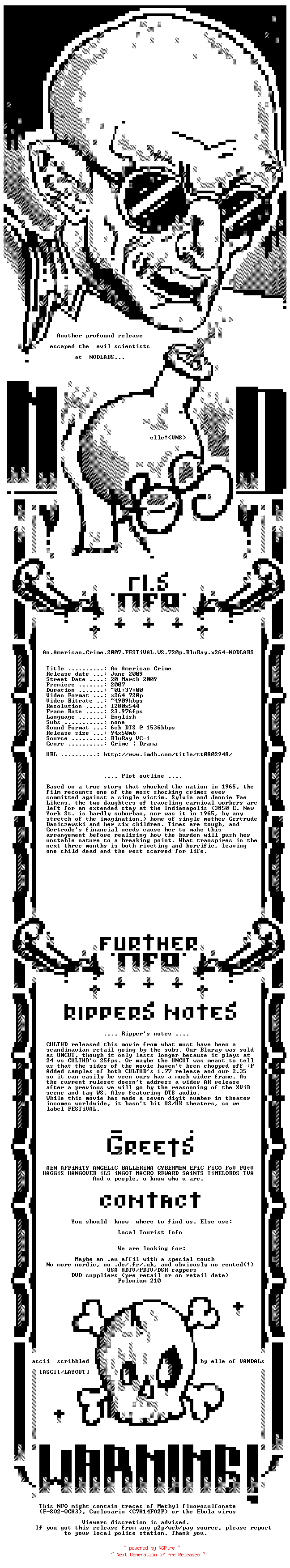 NFO for the release An.American.Crime.2007.FESTiVAL.WS.720p.BluRay.x264-NODLABS by NODLABS