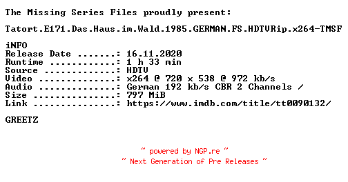 NFO for the release Tatort.E171.Das.Haus.im.Wald.1985.GERMAN.FS.HDTVRip.x264-TMSF by TMSF