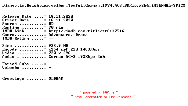 NFO for the release Django.im.Reich.der.gelben.Teufel.German.1974.AC3.BDRip.x264.iNTERNAL-SPiCY by SPiCY