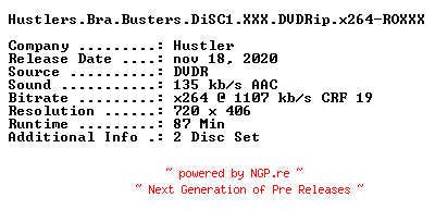 NFO for the release Hustlers.Bra.Busters.DiSC1.XXX.DVDRip.x264-ROXXX by ROXXX