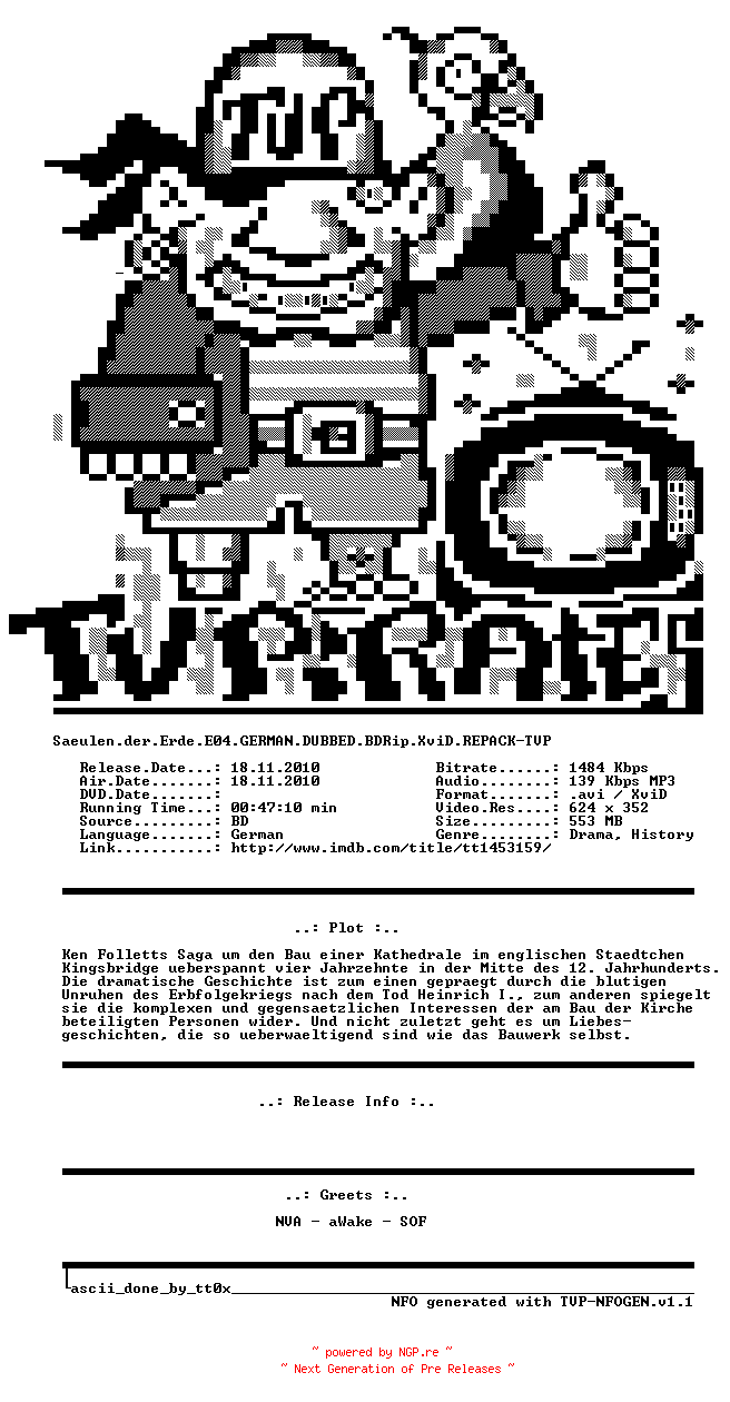 NFO for the release Saeulen.der.Erde.E04.GERMAN.DUBBED.BDRip.XviD.REPACK-TVP by TVP