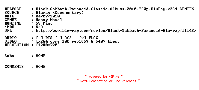 NFO for the release Black.Sabbath.Paranoid.Classic.Albums.2010.720p.BluRay.x264-SEMTEX by SEMTEX