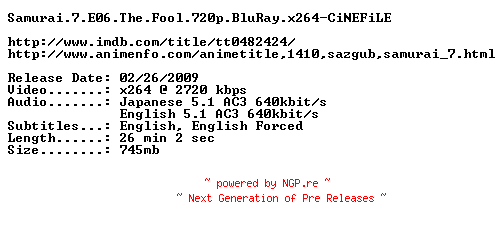 NFO for the release Samurai.7.E06.The.Fool.720p.BluRay.x264-CiNEFiLE by CiNEFiLE