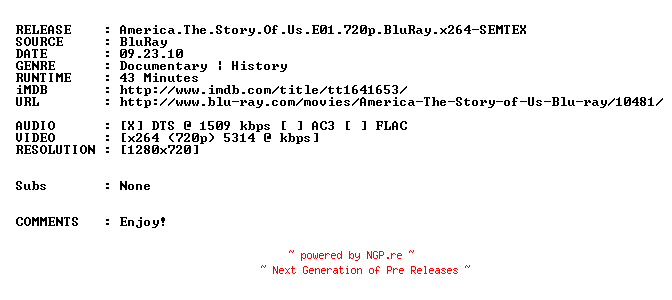 NFO for the release America.The.Story.Of.Us.E01.720p.BluRay.x264-SEMTEX by SEMTEX