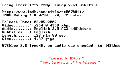 NFO for the release Being.There.1979.720p.BluRay.x264-CiNEFiLE by CiNEFiLE