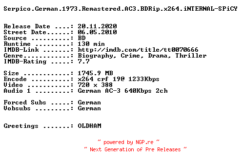 NFO for the release Serpico.German.1973.Remastered.AC3.BDRip.x264.iNTERNAL-SPiCY by SPiCY