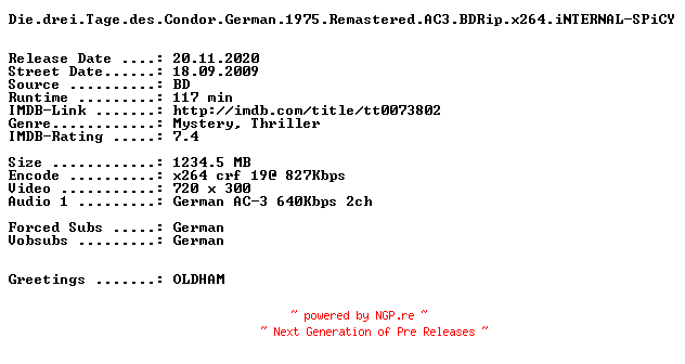 NFO for the release Die.drei.Tage.des.Condor.German.1975.Remastered.AC3.BDRip.x264.iNTERNAL-SPiCY by SPiCY