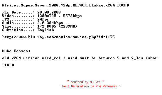 NFO for the release Africas.Super.Seven.2008.720p.REPACK.BluRay.x264-DOCHD by DOCHD