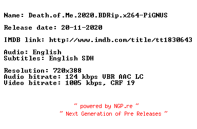 NFO for the release Death.of.Me.2020.BDRip.x264-PiGNUS by PiGNUS