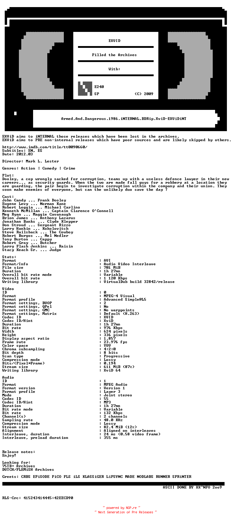 NFO for the release Armed.And.Dangerous.1986.iNTERNAL.BDRip.XviD-EXViDiNT by EXViDiNT