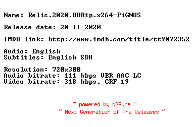 NFO for the release Relic.2020.BDRip.x264-PiGNUS by PiGNUS