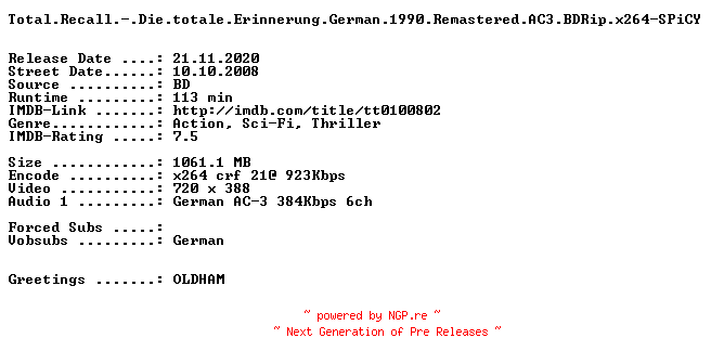 NFO for the release Total.Recall.-.Die.totale.Erinnerung.German.1990.Remastered.AC3.BDRip.x264-SPiCY by SPiCY