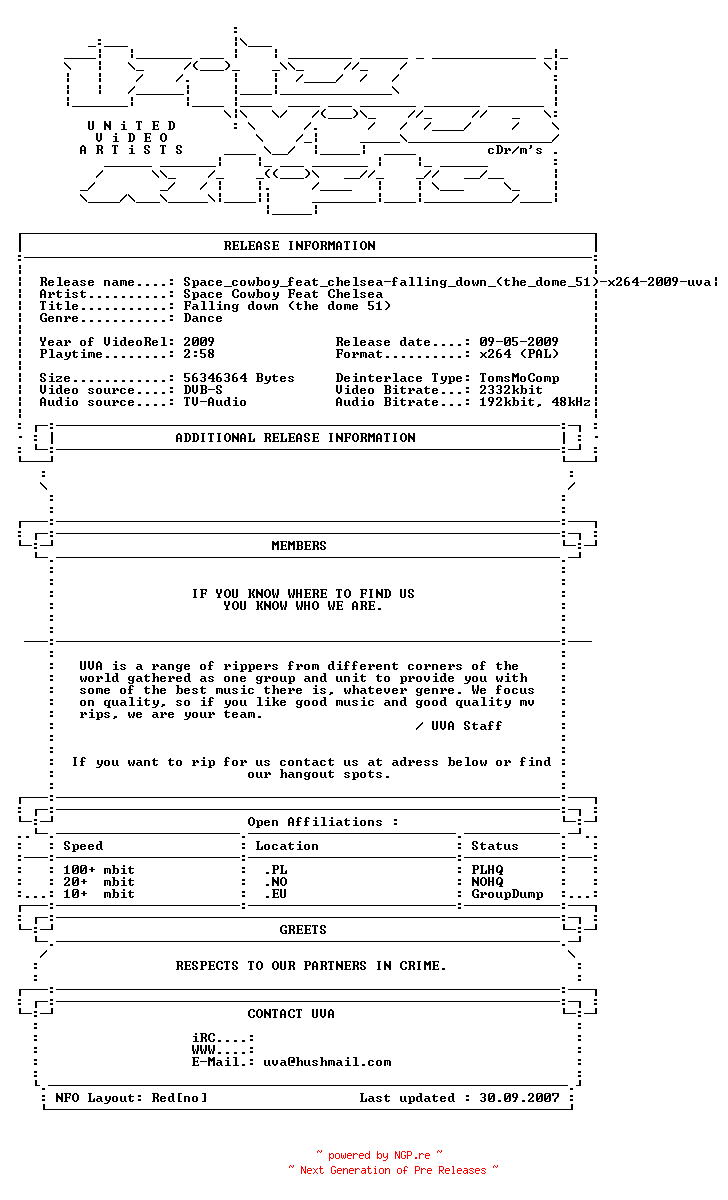 NFO for the release Space_cowboy_feat_chelsea-falling_down_(the_dome_51)-x264-2009-uva by uva