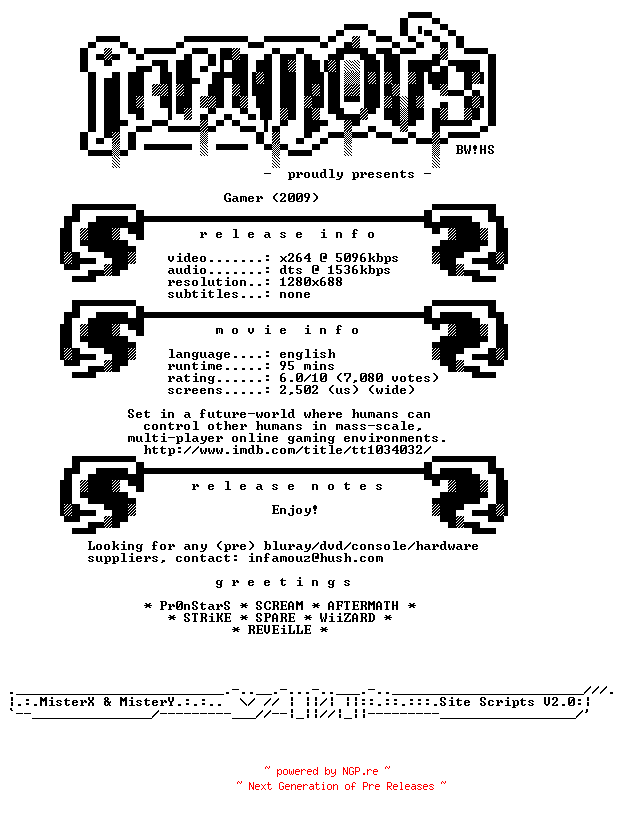 NFO for the release Gamer.720p.BluRay.x264-iNFAMOUS by iNFAMOUS