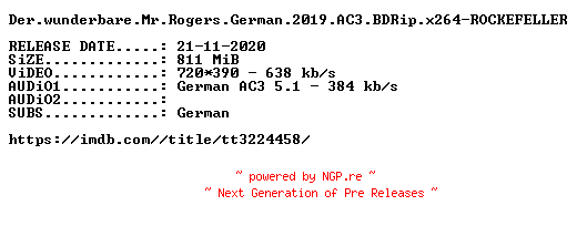 NFO for the release Der.wunderbare.Mr.Rogers.German.2019.AC3.BDRip.x264-ROCKEFELLER by ROCKEFELLER