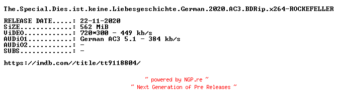 NFO for the release The.Special.Dies.ist.keine.Liebesgeschichte.German.2020.AC3.BDRip.x264-ROCKEFELLER by ROCKEFELLER