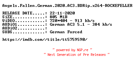 NFO for the release Angels.Fallen.German.2020.AC3.BDRip.x264-ROCKEFELLER by ROCKEFELLER