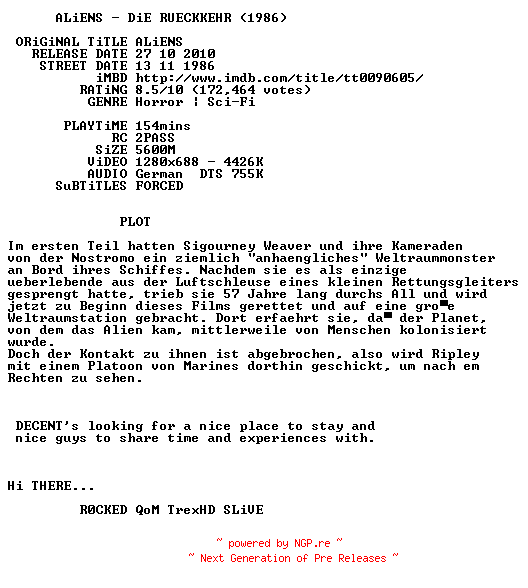 NFO for the release Aliens.Die.Rueckkehr.1986.SE.German.720p.BluRay.x264-DECENT by DECENT