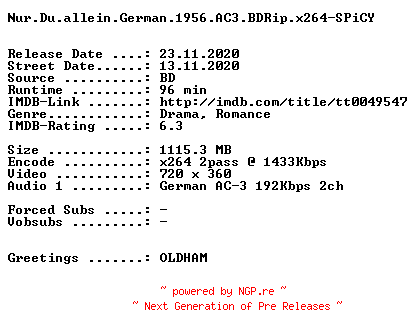 NFO for the release Nur.Du.allein.German.1956.AC3.BDRip.x264-SPiCY by SPiCY