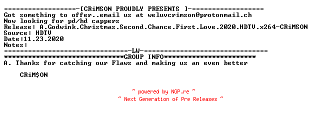 NFO for the release A.Godwink.Christmas.Second.Chance.First.Love.2020.HDTV.x264-CRiMSON by CRiMSON