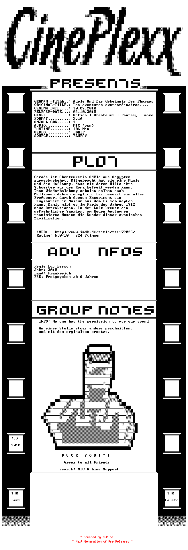 NFO for the release Adele.und.das.Geheimnis.des.Pharaos.BDRiP.MD.German.REPACK.XviD-CinePlexx by CinePlexx