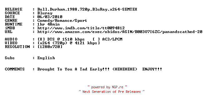NFO for the release Bull.Durham.1988.720p.BluRay.x264-SEMTEX by SEMTEX