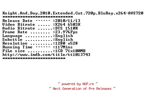 NFO for the release Knight.And.Day.2010.Extended.Cut.720p.BluRay.x264-AVS720 by AVS720